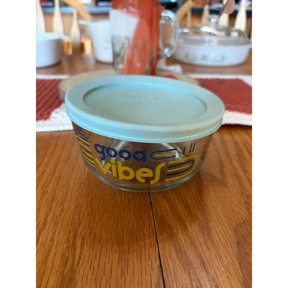 Pyrex Good Vibes Glass Storage Bowl 2 Cup 7200 Blue Yellow Retro with Lid USA